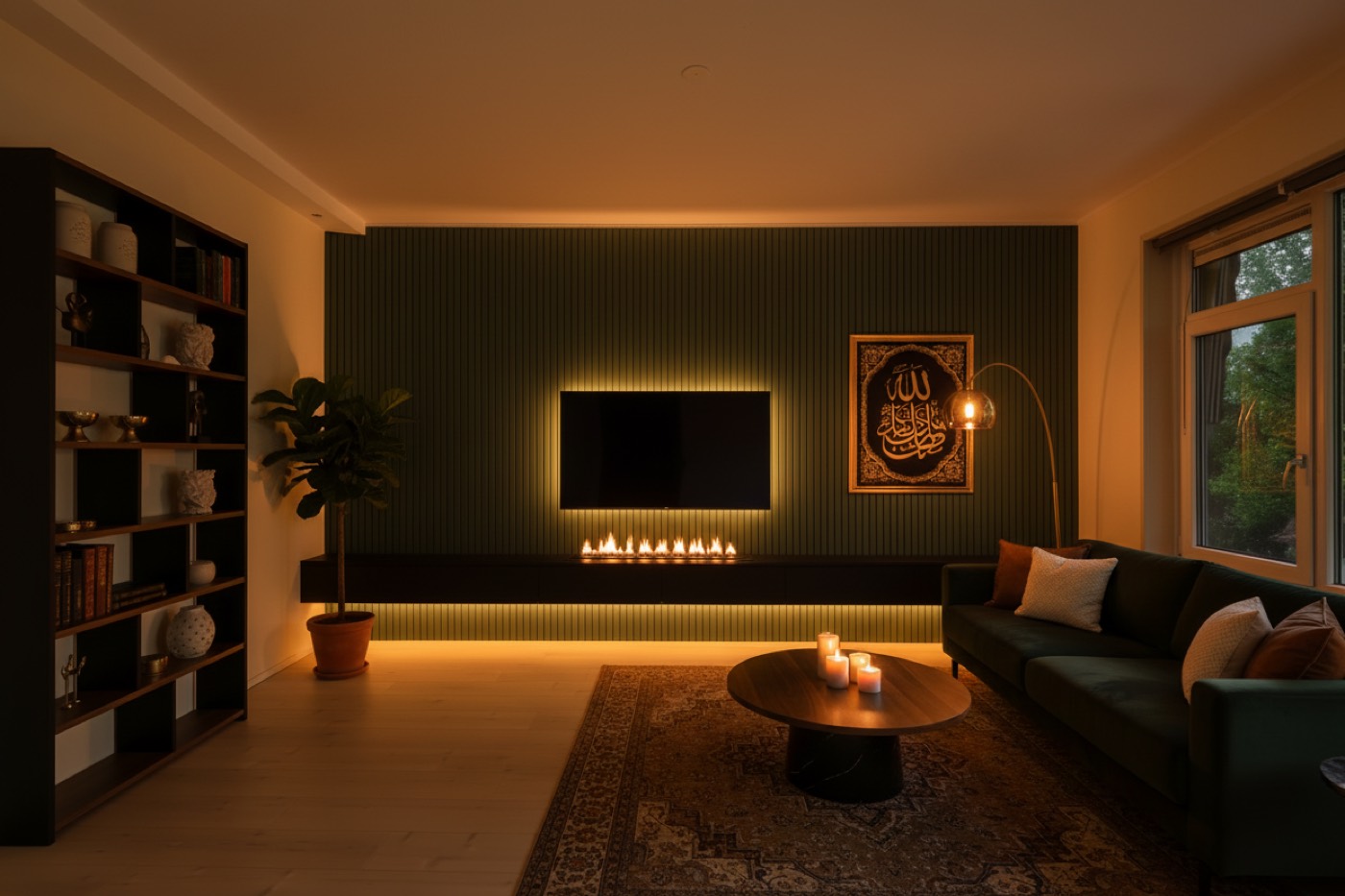 The living room at night, lit low